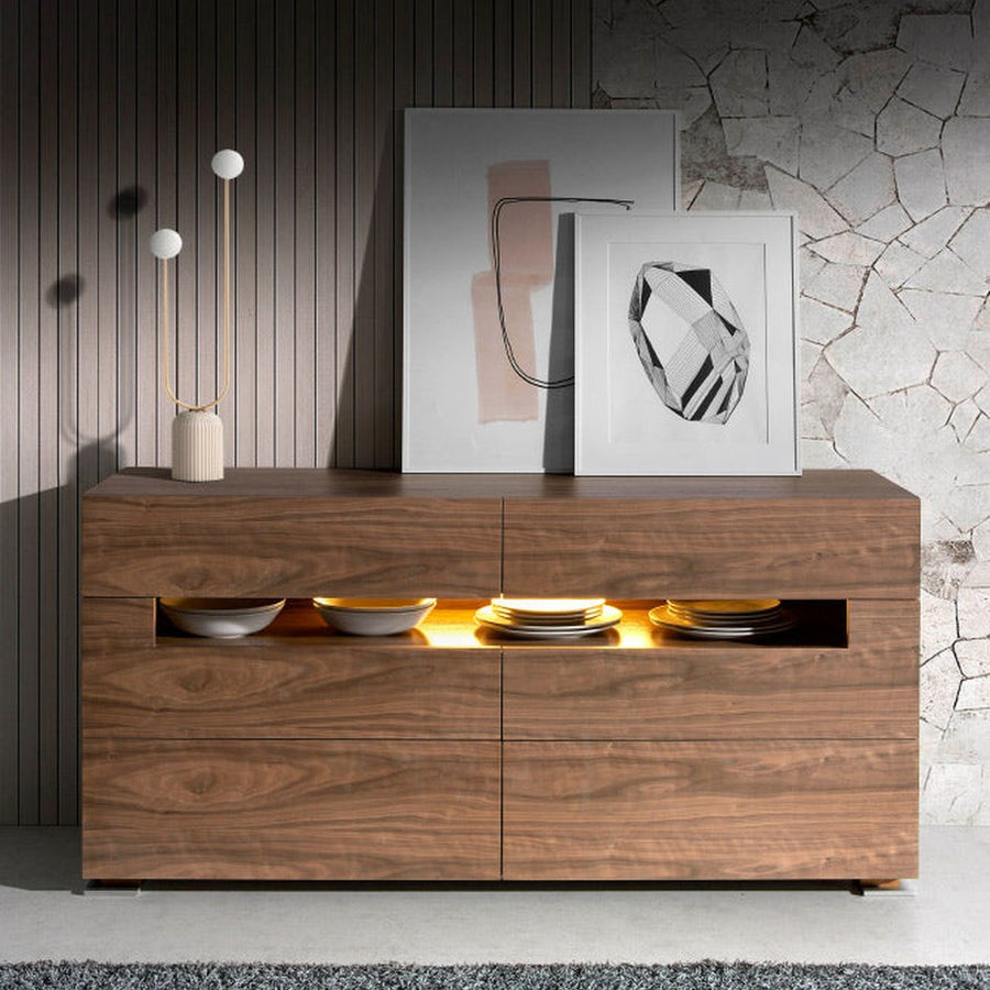 Kortárs stílusú, diófa furnérral borított, dizájn tálalókomód beépített, belső LED világítással.