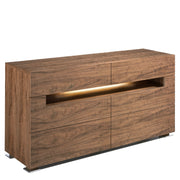 Kortárs stílusú, diófa furnérral borított, dizájn tálalókomód beépített, belső LED világítással.