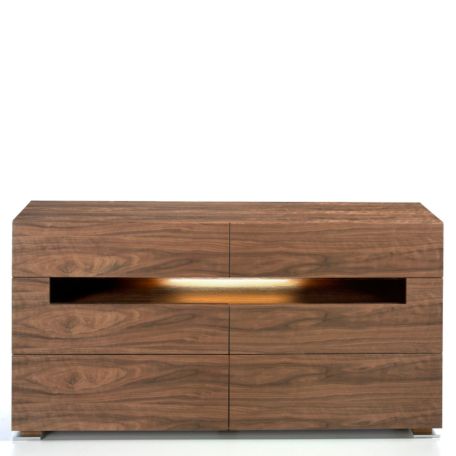 Kortárs stílusú, diófa furnérral borított, dizájn tálalókomód beépített, belső LED világítással.