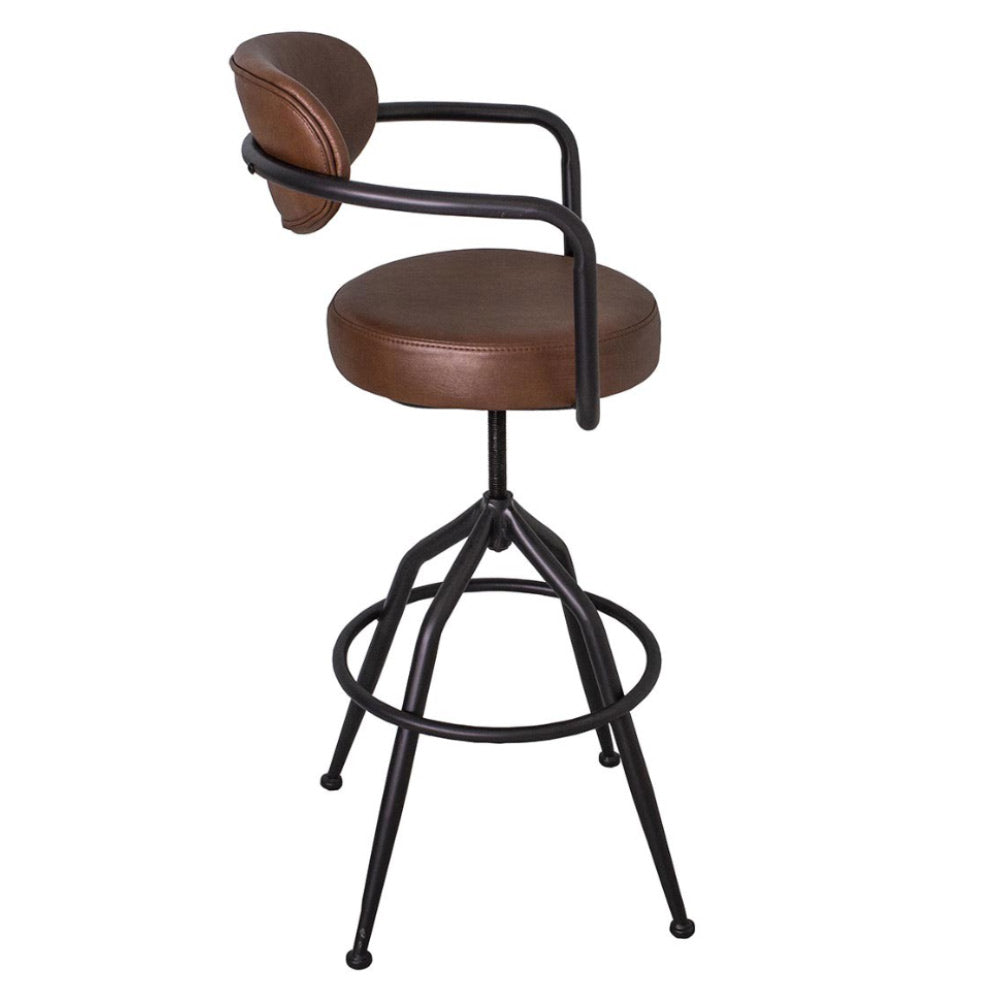 Loft stílusú állítható magasságú bárszék – oldalsó nézet, barna műbőr kárpitozás