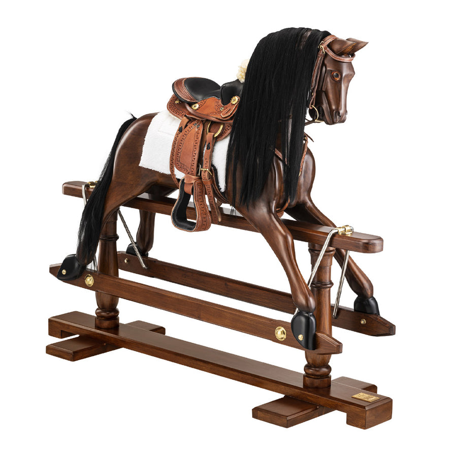 Mahagóni fából készült, lakkozott, kézműves, viktoriánius korabeli hintaló-replika, valódi bőr kantárral és nyereggel.