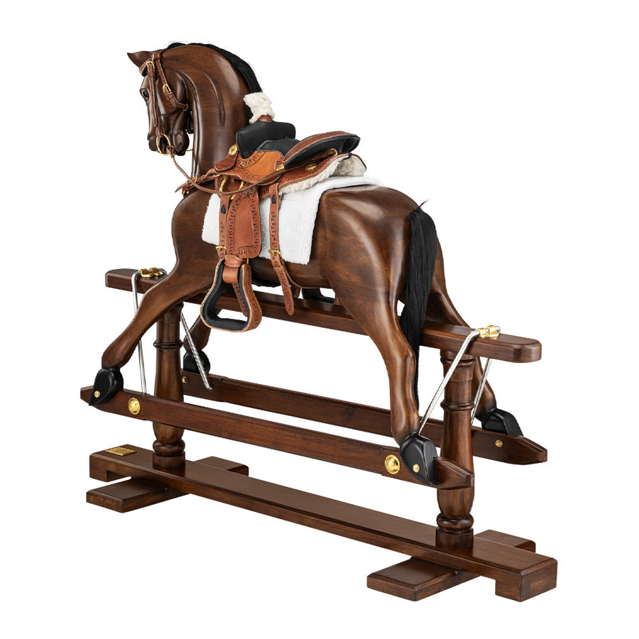 Mahagóni fából készült, lakkozott, kézműves, viktoriánius korabeli hintaló-replika, valódi bőr kantárral és nyereggel.