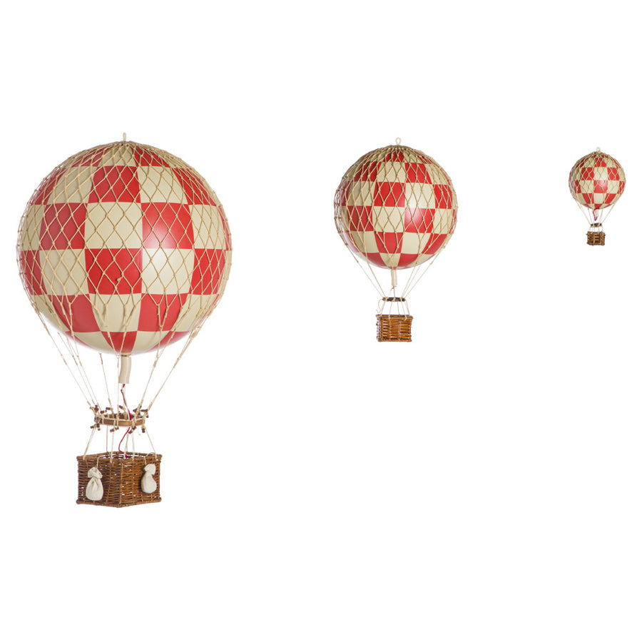 Vintage stílusú, kis méretű, függeszthető, piros-bézs színű dekorációs hőlégballon díszdobozban