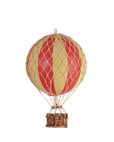 Vintage stílusú, kis méretű, függeszthető, piros-bézs színű dekorációs hőlégballon díszdobozban