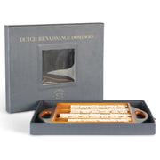 28 db-os, műgyantából készült, elefántcsontszínű, reneszánsz dominójáték replika fatálcán