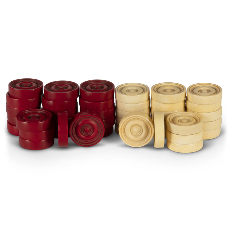 40 darabos, vintage stílusú, műgyantából készült, vörös és elefántcsontszínű dámajáték korong készlet díszdobozban.