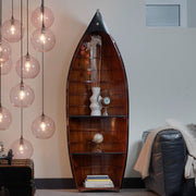 Vintage stílusú, fényes fekete és mézszínű lakkal kezelt, csónak formájú polc