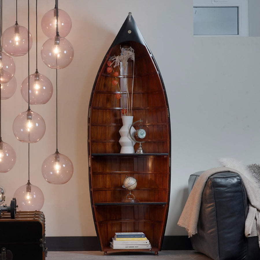 Vintage stílusú, fényes fekete és mézszínű lakkal kezelt, csónak formájú polc