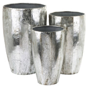 Kortárs stílusú, antikolt ezüstszínű, nagyméretű, három darabos fém kaspó szett