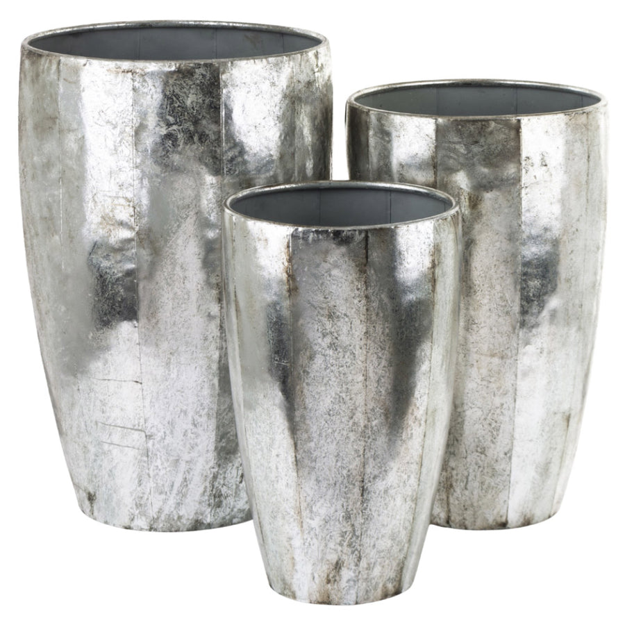 Kortárs stílusú, antikolt ezüstszínű, nagyméretű, három darabos fém kaspó szett