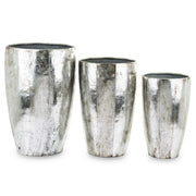 Kortárs stílusú, antikolt ezüstszínű, nagyméretű, három darabos fém kaspó szett