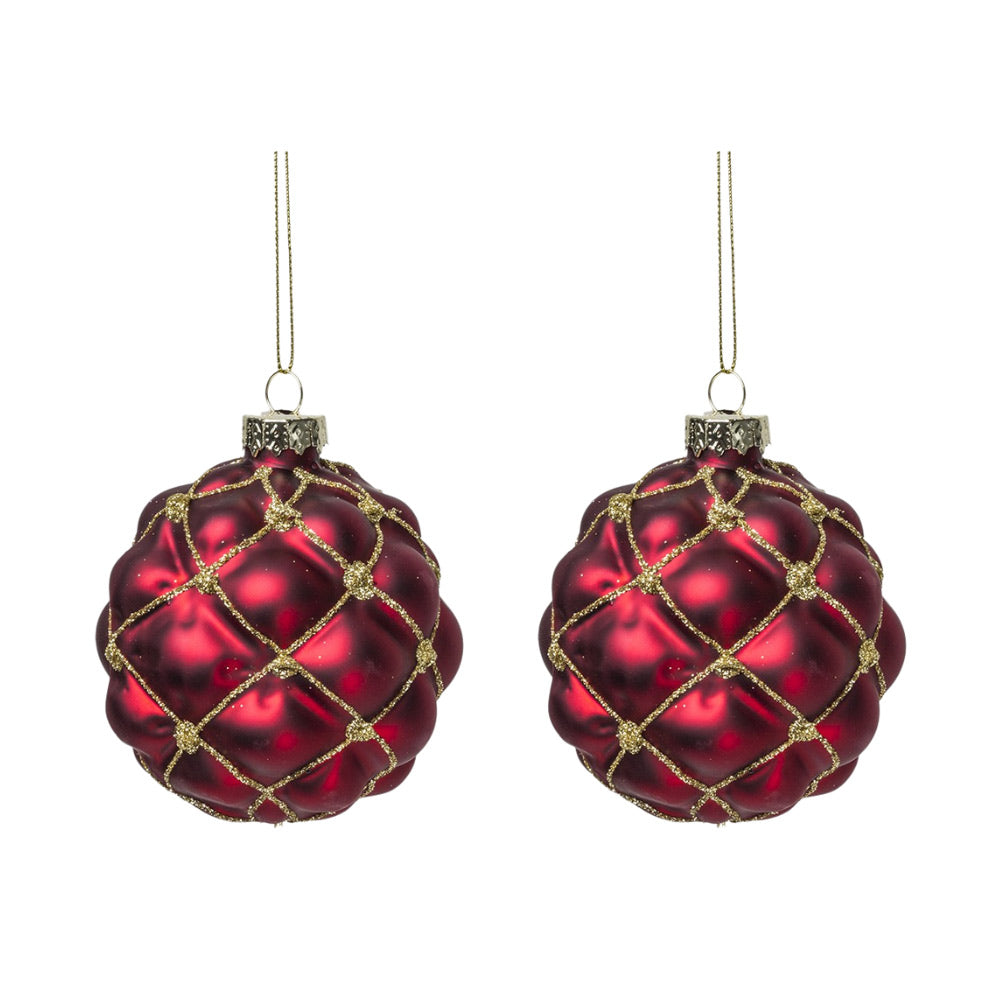 Piros rácsmintás üveg karácsonyfadísz arany glitterrel – két darab, 8 cm.