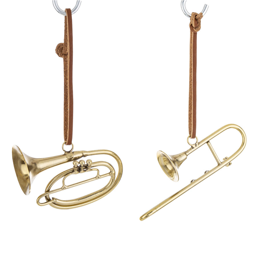 Arany fém tuba és harsona karácsonyfadísz – vintage hatás, bőrszíj akasztóval.