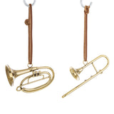 Arany fém tuba és harsona karácsonyfadísz – vintage hatás, bőrszíj akasztóval.