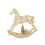 Aranyszínű, LED-es karácsonyi hintaló dekoráció a Shiny kollekcióból, díszes talppal és minifenyővel, fehér háttéren.