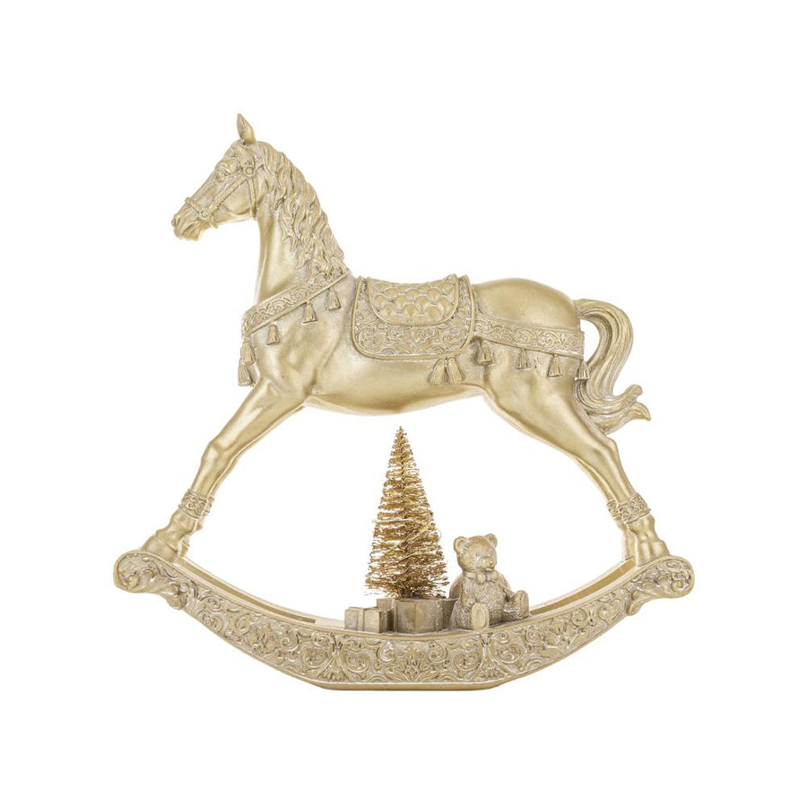 Aranyszínű Shiny hintaló dekoráció részletgazdag nyereg- és talpmintával, LED-es fenyővel, elölnézet.