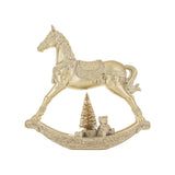 Aranyszínű Shiny hintaló dekoráció részletgazdag nyereg- és talpmintával, LED-es fenyővel, elölnézet.