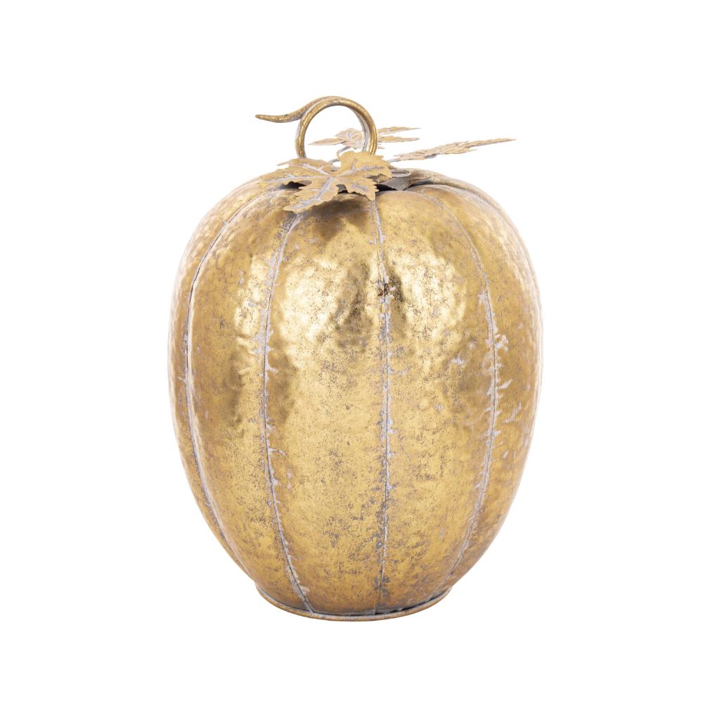 Antikolt aranyszínű, fémből készült dekorációs dísztök elölnézetben, levelekkel és ívelt szárral