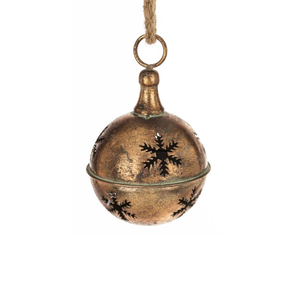 Antikolt rézszínű hópelyhes fém karácsonyi csengő – frontális nézet, 10 cm.