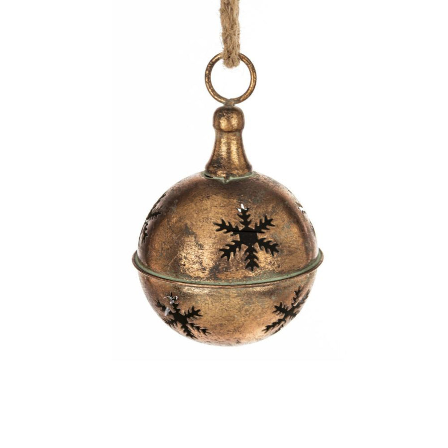 Antikolt rézszínű hópelyhes fém karácsonyi csengő – frontális nézet, 10 cm.