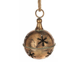 Antikolt rézszínű hópelyhes fém karácsonyi csengő – frontális nézet, 10 cm.