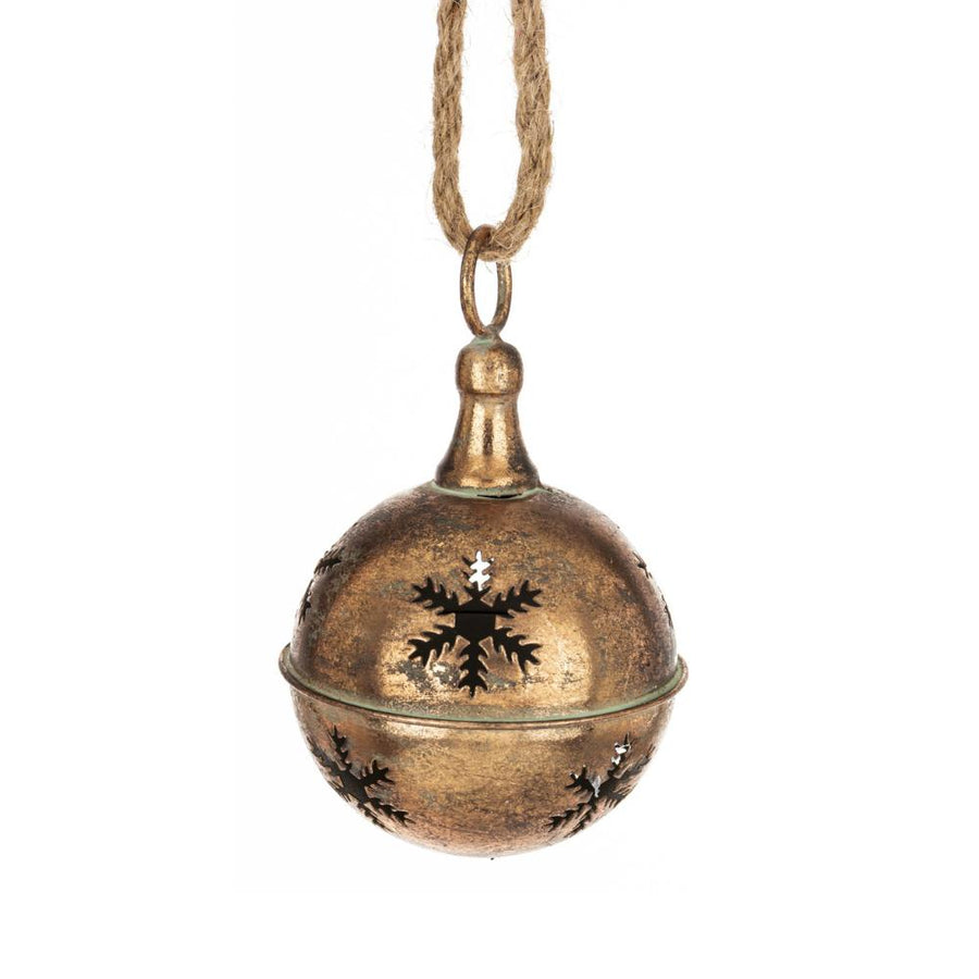 Antik hatású hópelyhes fém karácsonyi csengő – oldalnézet.