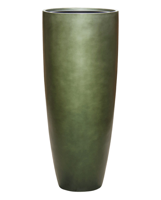 BAQ Gradient kaspó – Forest Green színben, karcsú, hengeres forma, kézzel festett kompozit felülettel, 95 cm magas méretben.