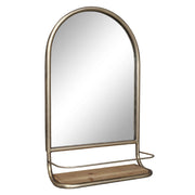 Vidéki stílusú, antikolt rézszínű, boltíves, dekorációs falitükör jegenyefenyő polccal.