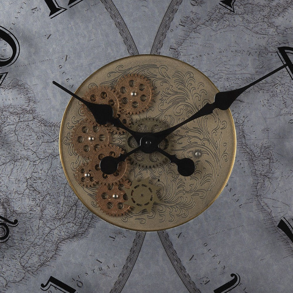 Arany színű fémabroncsos, vintage stílusú falióra, ezüst színű, világtérképes számlappal.