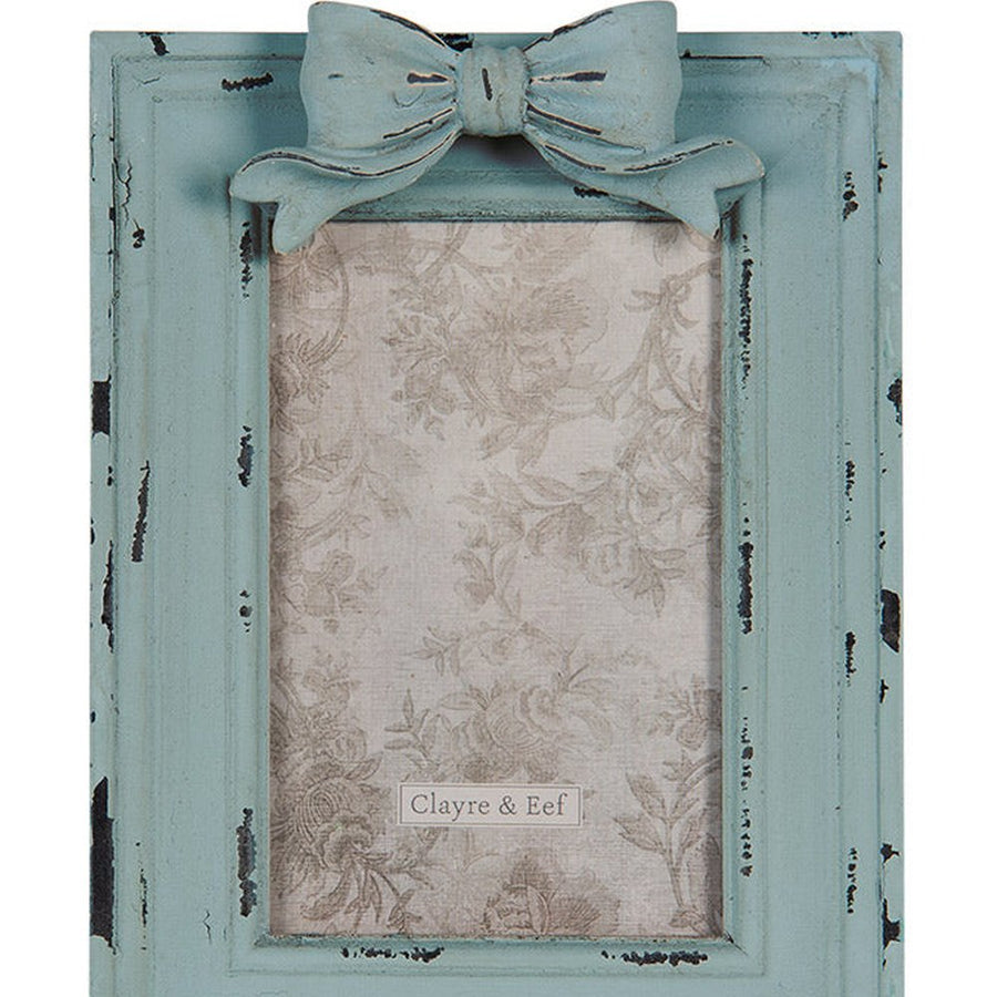 Vintage stílusú, masnival díszített, szürkéskék színű antikolt asztali-fali fényképtartó