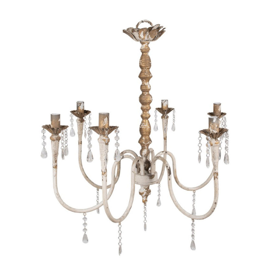 Shabby chic stílusú,kristályokkal díszített, antikolt krém- és aranyszínű, hatkarú fém csillár.