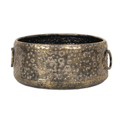 Kortárs stílusú, dombormintás felületű, antikolt aranyszínű, karácsonyi hangulatú fémkaspó