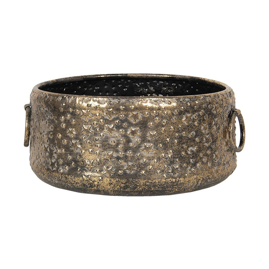 Kortárs stílusú, dombormintás felületű, antikolt aranyszínű, karácsonyi hangulatú fémkaspó