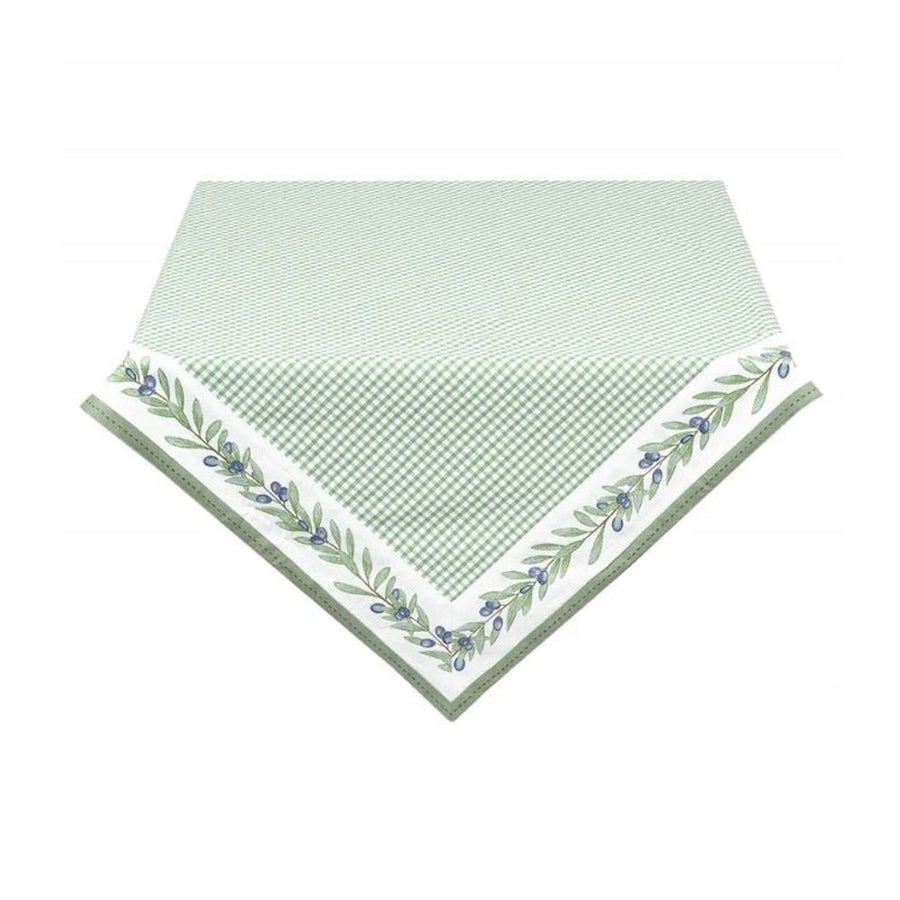 Kockás mintás, 100% pamut asztalterítő olívaágakkal díszített szegéllyel