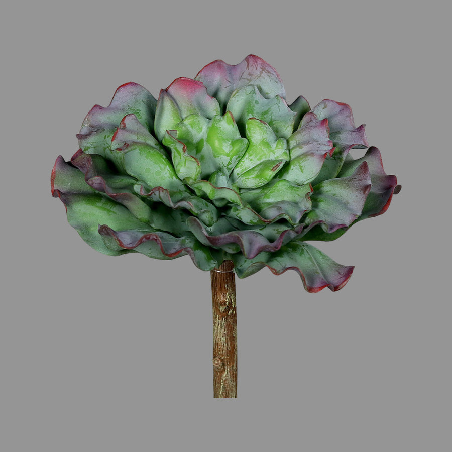 Élethű pirosas-zöld színű, fodros levélzettel kialakított, betűzős kövirózsa műnövény.