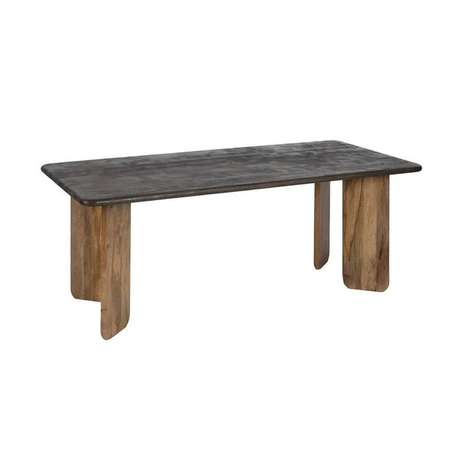 Kortárs stílusú, mangófából készült, natúr és sötétbarna színű étkezőasztal.