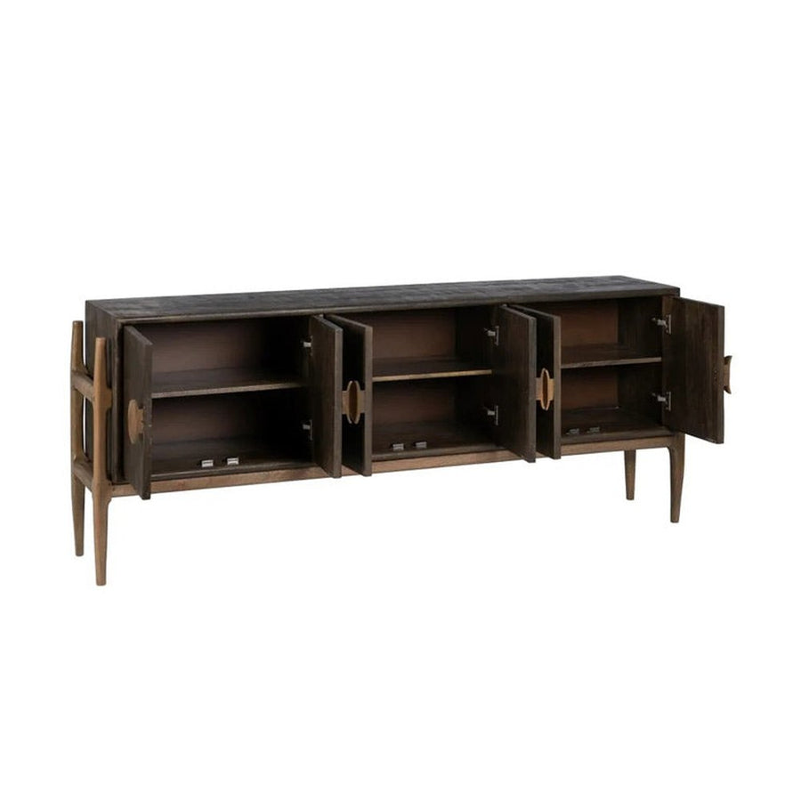 Kortárs stílusú, mangófából készült, natúr és sötétbarna színű komódszekrény.