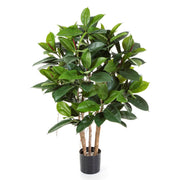 Élethű megjelenésű, Mesterséges fikusz cserje fekete színű, műanyag kaspóban.