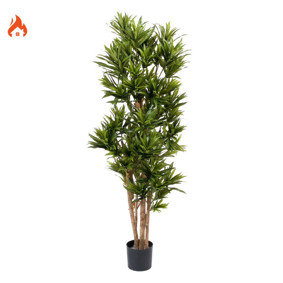 Élethű megjelenésű, tűzálló mű sárkányfa, fekete színű műanyag cserépben.