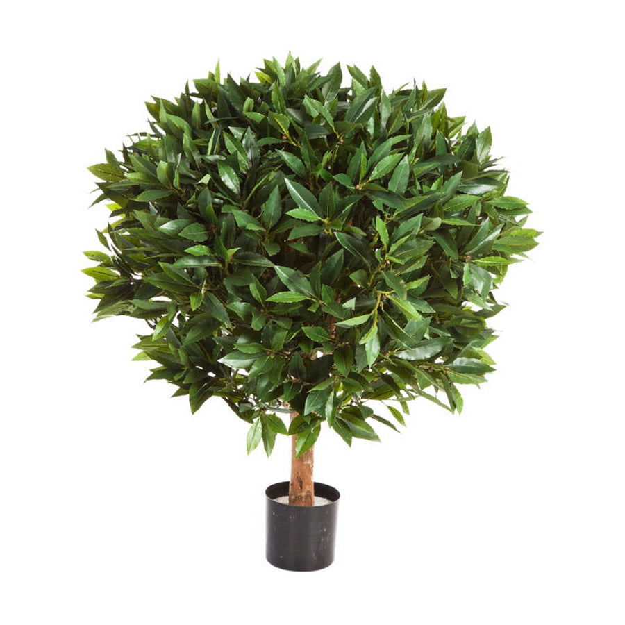 Élethű megjelenésű, gömb alakú, mű babérfa fekete, műanyag cserépben.