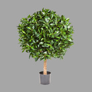 Élethű megjelenésű, gömb alakú, mű babérfa fekete, műanyag cserépben.