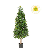 UV-álló, kúp alakú, mű babérfa fekete, műanyag cserépben.