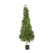 Élethű megjelenésű, kúp alakú, mű babérfa fekete, műanyag cserépben