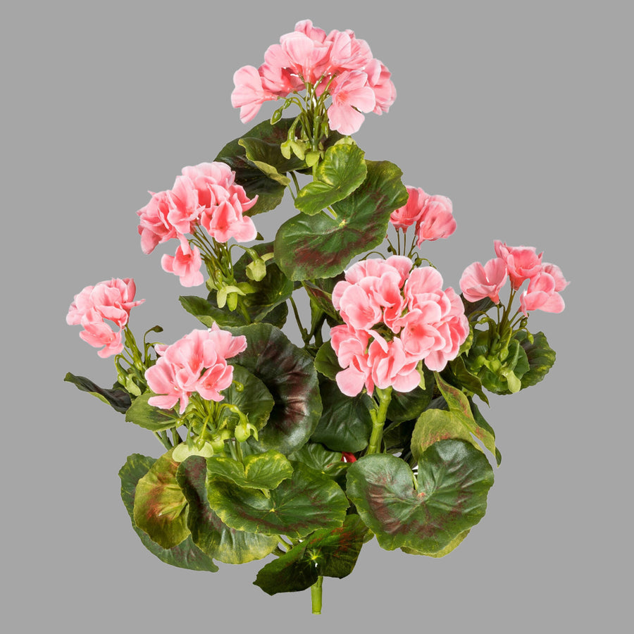 Élethű, UV-álló, dús, beszúrós kialakítású muskátli műnövény rózsaszín virágokkal