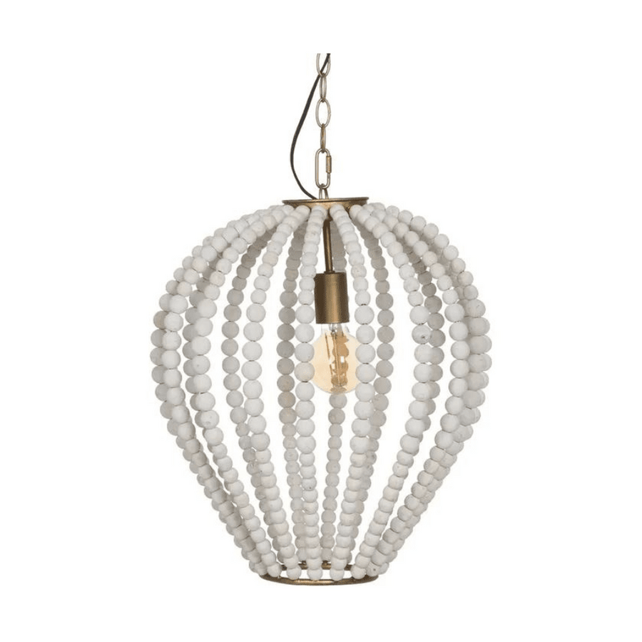 Shabby Chic, aranyszínű fémből és törtfehér színű fa gyöngysorból készült beltéri függeszték