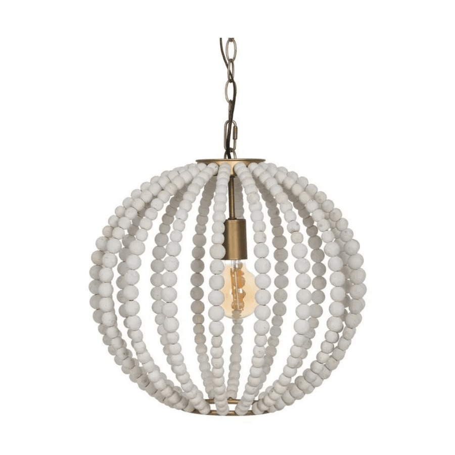 Shabby Chic, aranyszínű fémből és törtfehér színű fa gyöngysorból készült beltéri függeszték