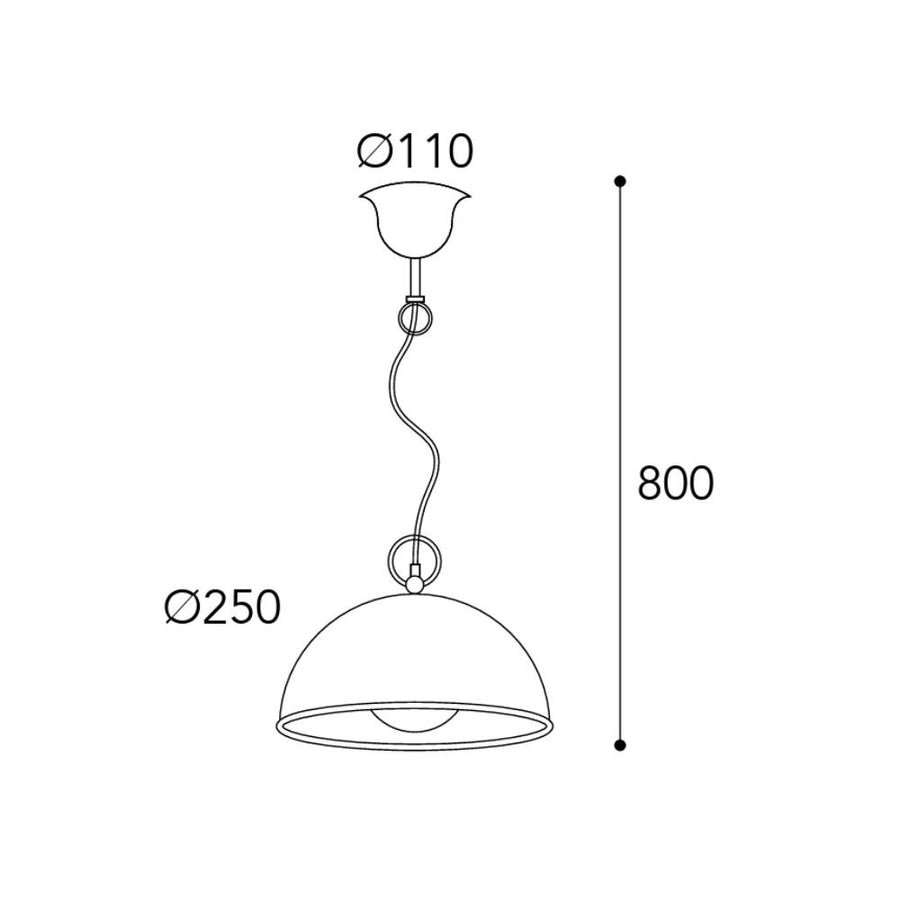 Ipari stílusú réz függesztéklámpa méretrajza – 80 cm magasság, 25 cm búraátmérő, 11 cm mennyezeti takaró.