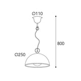 Ipari stílusú réz függesztéklámpa méretrajza – 80 cm magasság, 25 cm búraátmérő, 11 cm mennyezeti takaró.