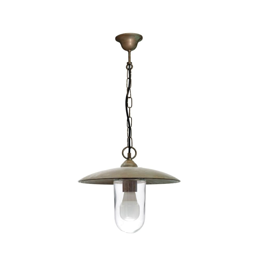 Moretti Luce Trasimeno loft stílusú tömör réz láncos függeszték 30 cm-es tányérszerű árnyékolóval és áttetsző üvegbúrával