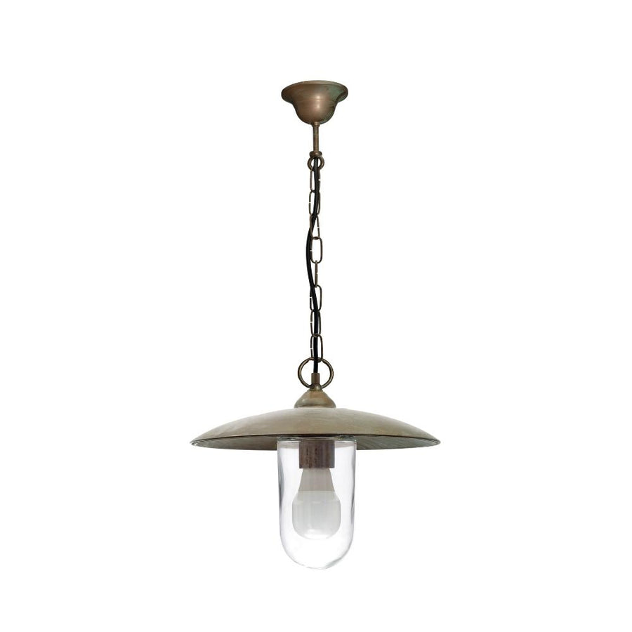 Moretti Luce Trasimeno loft stílusú tömör réz láncos függeszték 30 cm-es tányérszerű árnyékolóval és áttetsző üvegbúrával